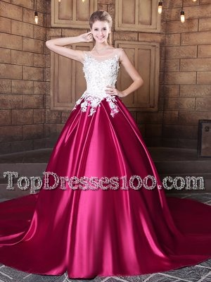 Hot Pink Scoop Neckline Lace and Appliques Ball Gown Prom Dress Sleeveless Lace Up
