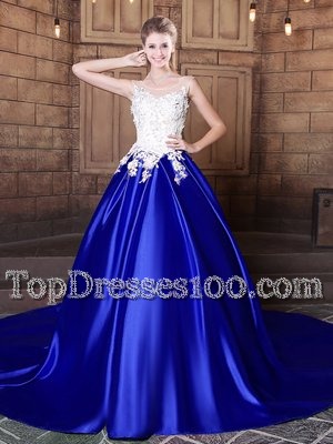 Lovely Court Train Ball Gowns 15th Birthday Dress Royal Blue Scoop Elastic Woven Satin Sleeveless With Train Lace Up