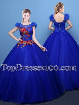 Custom Designed Scoop Royal Blue Short Sleeves Appliques Floor Length Quinceanera Gowns