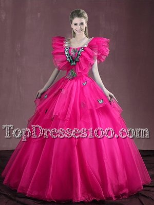 Hot Pink Sleeveless Floor Length Appliques and Ruffles Lace Up Sweet 16 Quinceanera Dress