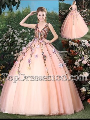 Peach Sleeveless Tulle Brush Train Lace Up Vestidos de Quinceanera for Military Ball and Sweet 16 and Quinceanera