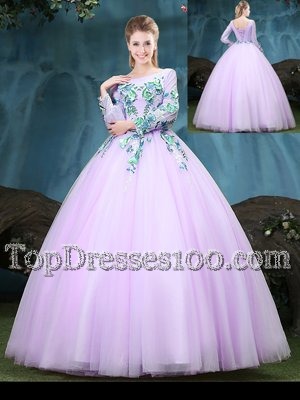 Exquisite Scoop Lilac Ball Gowns Appliques Quinceanera Gown Lace Up Tulle Long Sleeves Floor Length