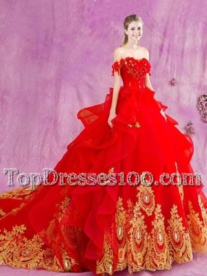Flirting Off the Shoulder Sleeveless Tulle With Train Court Train Lace Up Sweet 16 Dresses in Red for with Beading and Appliques and Ruffles