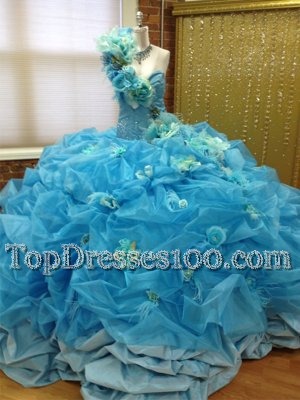 One Shoulder Blue Taffeta and Tulle Lace Up Vestidos de Quinceanera Sleeveless Floor Length Pick Ups and Hand Made Flower