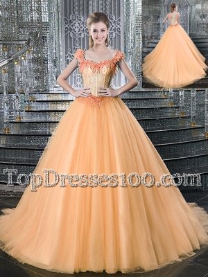 Low Price Orange Straps Neckline Beading and Appliques Quinceanera Dress Sleeveless Lace Up