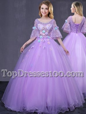 Trendy Scoop Lavender Half Sleeves Tulle Lace Up Sweet 16 Quinceanera Dress for Military Ball and Sweet 16 and Quinceanera