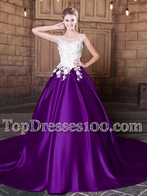 Scoop Purple Ball Gowns Lace and Appliques Sweet 16 Dresses Lace Up Elastic Woven Satin Sleeveless