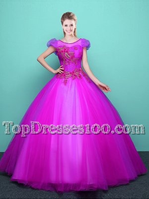 Glorious Scoop Fuchsia Short Sleeves Appliques Floor Length 15 Quinceanera Dress