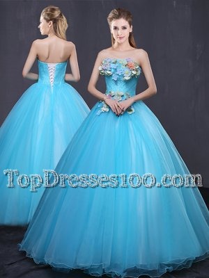 Perfect Baby Blue Strapless Neckline Appliques Quinceanera Dress Sleeveless Lace Up