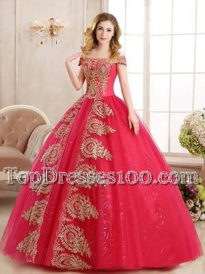 Fitting Off the Shoulder Floor Length Lace Up Quinceanera Gown Red and In for Military Ball and Sweet 16 and Quinceanera with Appliques and Sequins