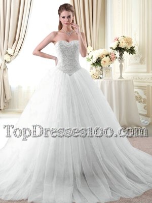 Cute White Sleeveless Brush Train Beading With Train Quinceanera Gown