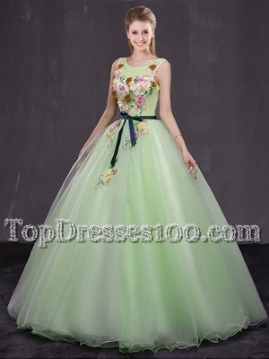Cute Scoop Sleeveless Organza Floor Length Lace Up Quince Ball Gowns in Yellow Green for with Appliques