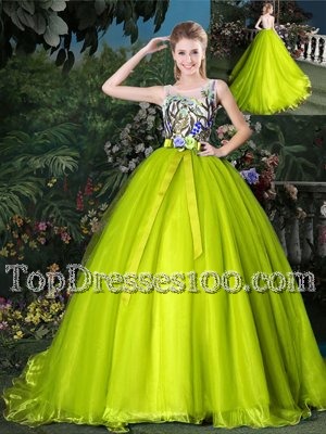 Scoop Yellow Green Sweet 16 Dress Organza Court Train Sleeveless Beading and Appliques and Belt