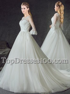 Exquisite With Train White Wedding Dresses Scoop 3|4 Length Sleeve Court Train Zipper