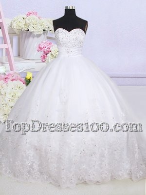 Tulle Sleeveless With Train Wedding Dress Court Train and Beading and Lace