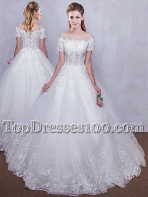 Scoop See Through Floor Length Ball Gowns Short Sleeves White Wedding Dresses Lace Up