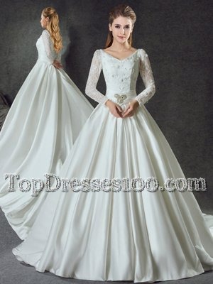Romantic White V-neck Neckline Lace and Belt Wedding Gowns Long Sleeves Lace Up