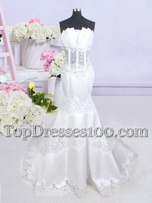 High Class See Through White Mermaid Satin Scalloped Sleeveless Beading and Lace With Train Zipper Bridal Gown Brush Train