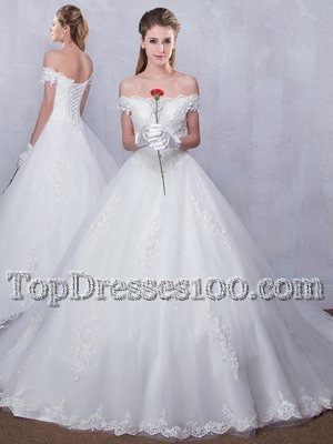 Romantic Scalloped With Train Lace Up Wedding Gown White and In for Wedding Party with Lace Court Train