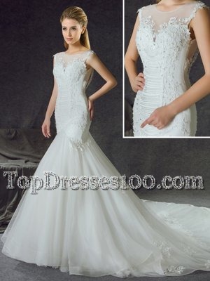 Classical Mermaid Scoop Sleeveless Chapel Train Side Zipper With Train Lace and Appliques Bridal Gown