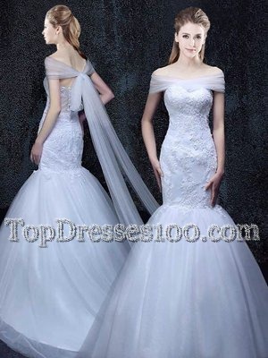 Mermaid Off the Shoulder Short Sleeves With Train Lace and Appliques Lace Up Bridal Gown with White Brush Train