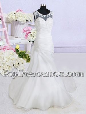 Scoop See Through With Train Backless Bridal Gown White and In for Wedding Party with Beading and Appliques Brush Train