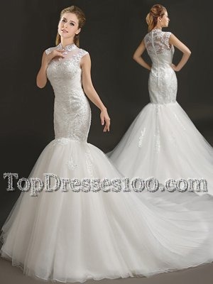 Trendy Mermaid White Sleeveless With Train Lace and Appliques Zipper Wedding Dress