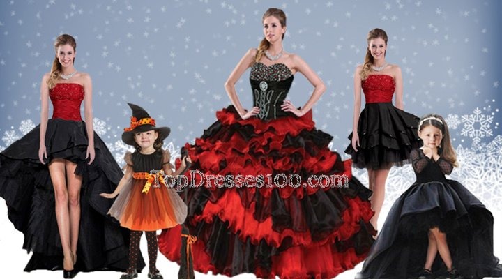 Stylish Red And Black Sleeveless Floor Length Beading and Ruffled Layers Lace Up Sweet 16 Dress