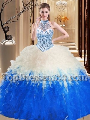 Brush Train Ball Gowns Vestidos de Quinceanera Multi-color Halter Top Fabric With Rolling Flowers Sleeveless With Train Lace Up