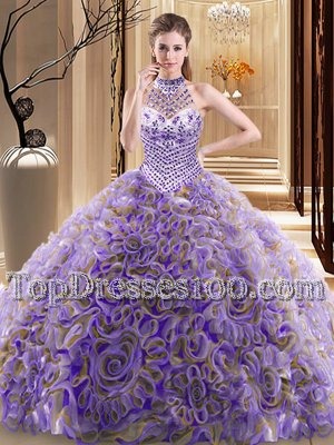 Halter Top Sleeveless Brush Train Lace Up Quinceanera Dresses Multi-color Fabric With Rolling Flowers