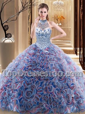 Halter Top Sleeveless Brush Train Lace Up 15 Quinceanera Dress Multi-color Fabric With Rolling Flowers