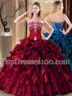 Luxury Floor Length Lace Up Ball Gown Prom Dress Wine Red and In for Military Ball and Sweet 16 and Quinceanera with Embroidery and Ruffles