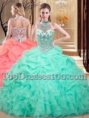 Fancy Apple Green Halter Top Neckline Beading and Ruffles and Pick Ups Quinceanera Gowns Sleeveless Lace Up