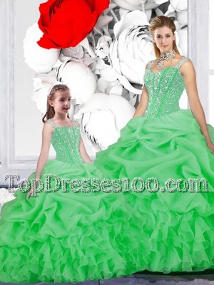 Inexpensive Green Ball Gowns Organza Straps Sleeveless Beading and Ruffles and Pick Ups Floor Length Lace Up Quinceanera Gowns