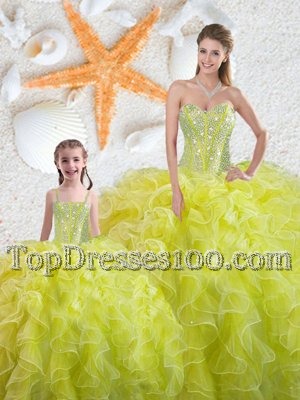 Best Selling Yellow Green Ball Gowns Organza Sweetheart Sleeveless Beading and Ruffles Floor Length Lace Up Quinceanera Dress