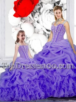 Custom Design Straps Straps Lavender Organza Lace Up Ball Gown Prom Dress Sleeveless Floor Length Beading and Ruffles and Pick Ups