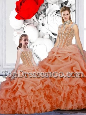Eye-catching Straps Straps Orange Ball Gowns Beading and Ruffles and Pick Ups Sweet 16 Dresses Lace Up Organza Sleeveless Floor Length