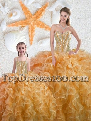 Sleeveless Organza Floor Length Lace Up Quinceanera Gown in Yellow for with Beading