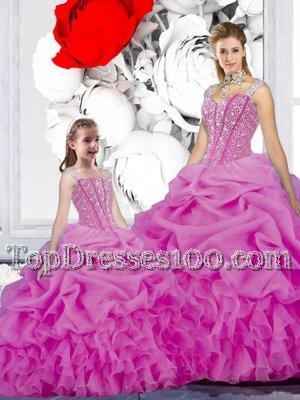 Top Selling Straps Straps Fuchsia Organza Lace Up Vestidos de Quinceanera Sleeveless Floor Length Beading and Ruffles and Pick Ups