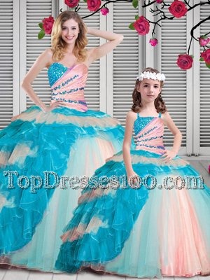 Custom Design Multi-color Ball Gowns Beading and Ruching Vestidos de Quinceanera Lace Up Organza Sleeveless Floor Length