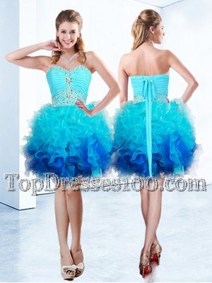 Modern Blue Organza Lace Up Sweetheart Sleeveless Knee Length Teens Party Dress Beading and Ruffles and Ruching