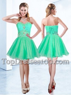 Turquoise Sleeveless Mini Length Beading and Ruching Lace Up Casual Dresses