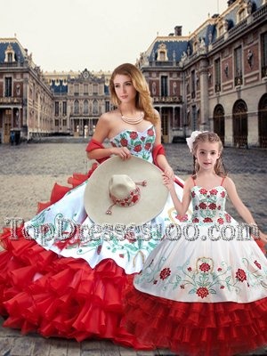 Ideal White And Red Ball Gowns Organza and Taffeta Sweetheart Sleeveless Embroidery Floor Length Lace Up Quinceanera Gowns