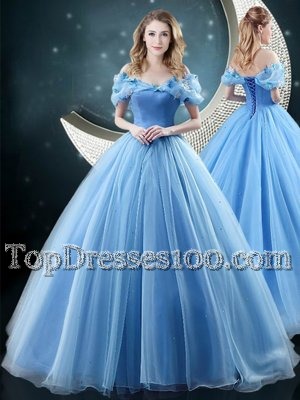Super Off the Shoulder Baby Blue Sleeveless Brush Train Appliques With Train Quinceanera Dress