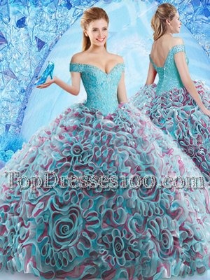 Off The Shoulder Sleeveless Court Train Backless 15 Quinceanera Dress Multi-color Fabric With Rolling Flowers