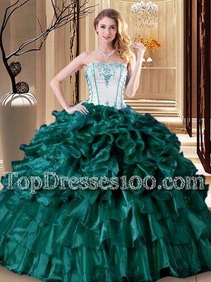 Eye-catching Floor Length Lace Up Ball Gown Prom Dress Turquoise and In for Military Ball and Sweet 16 and Quinceanera with Ruffles and Ruffled Layers