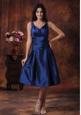 Royal Blue Bridesmaid Dress Clearances With V-neck Tea-length