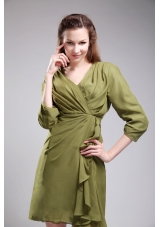 Brand New Column / Sheath V-neck Mini-length Chiffon Olive Green Bridesmaid Dress