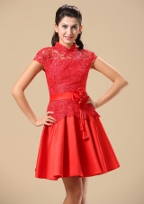 High-neck Red Mother Of The Bride Dress With Sash Lace and Taffeta