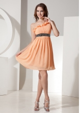 Orange Chiffon One Shoulder Dress With Mini-length Beaded Decorate Waist